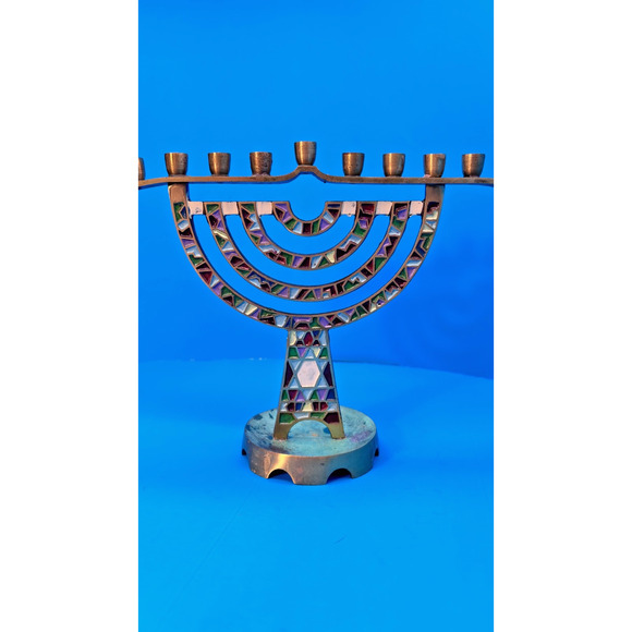 Hanukkah Menorah 9 Branch Brass Enamel Candle Holder 7" Tall Made in Israel - Picture 14 of 14